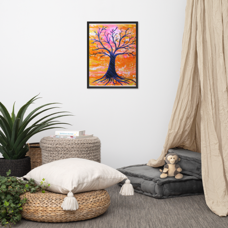 Bare Tree no leaves yellow and blue circle background Framed poster