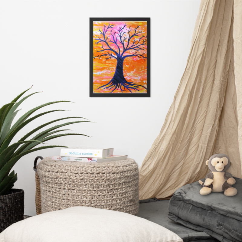 Bare Tree no leaves yellow and blue circle background Framed poster