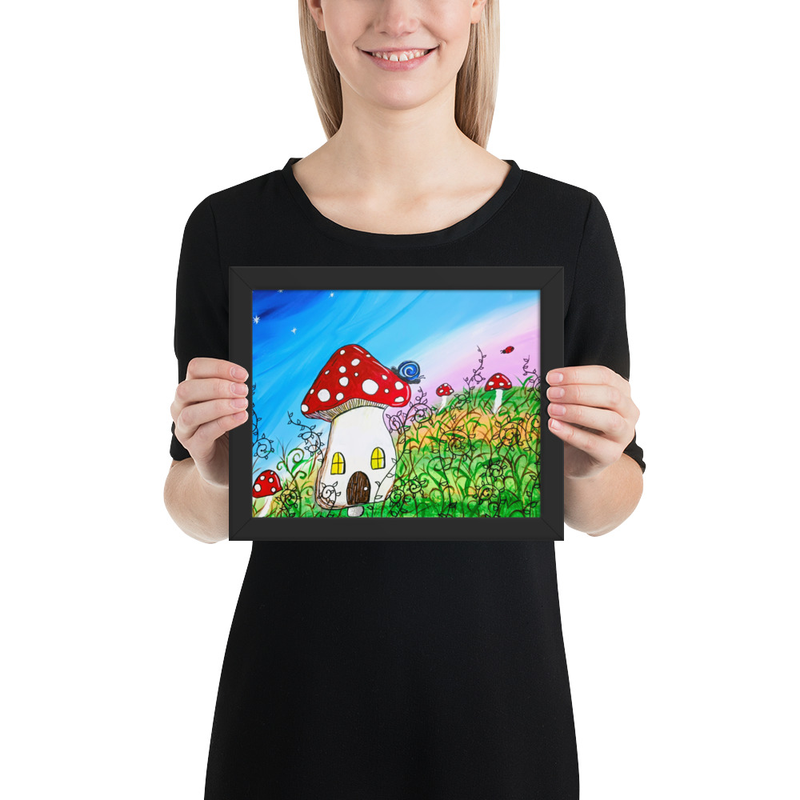 Mushroom House Cottagecore snail ladybug Framed poster