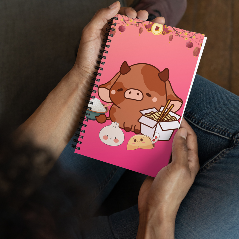 cute cow eating chinese food fortune cookie dumpling spiral notebook