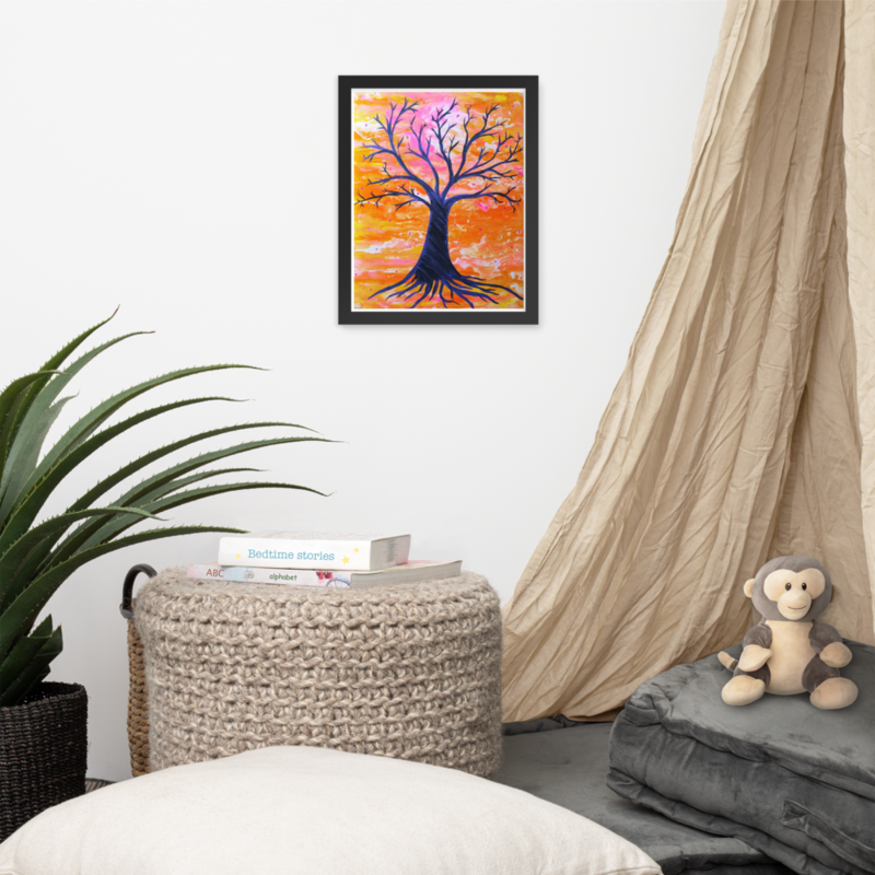Bare Tree no leaves yellow and blue circle background Framed poster