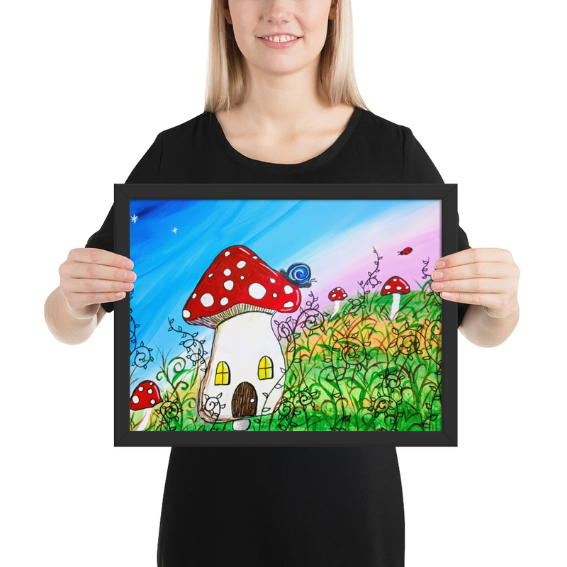 Mushroom House Cottagecore snail ladybug Framed poster