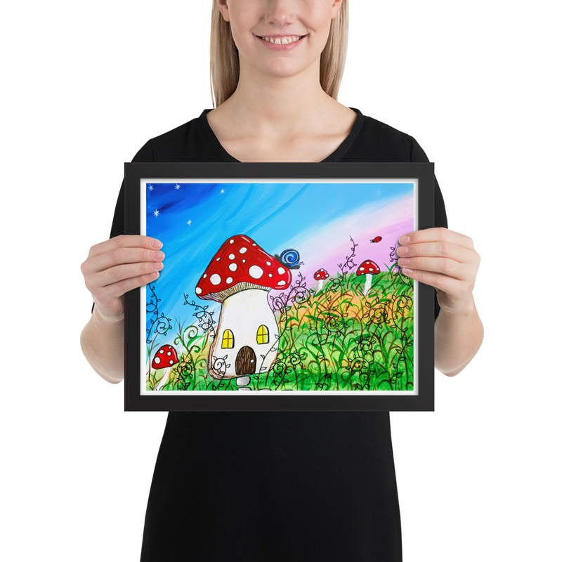 Mushroom House Cottagecore snail ladybug Framed poster