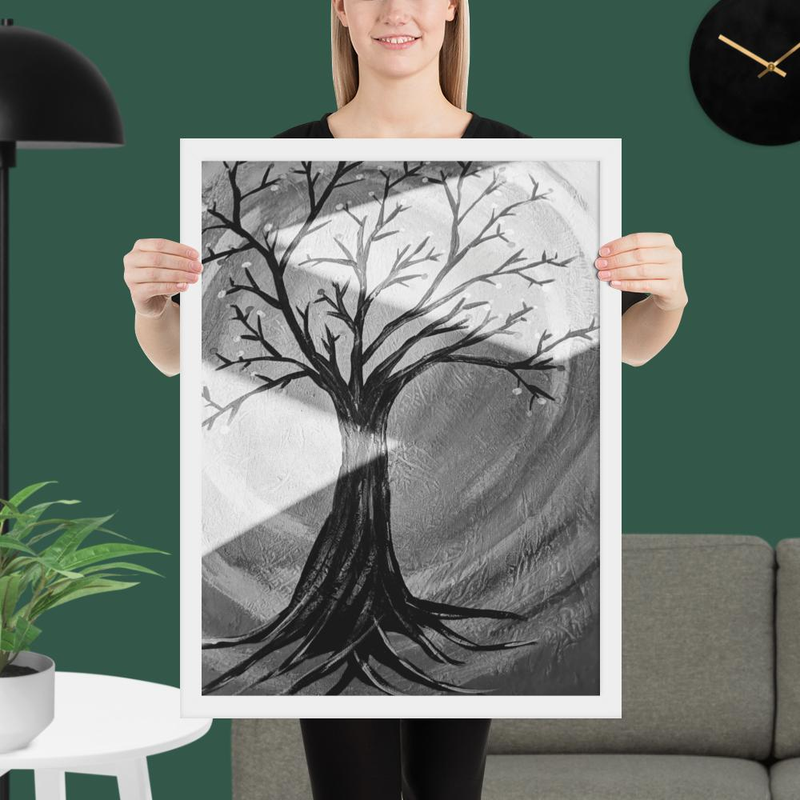 Black and White Tree with roots painting with triangle shadows grey circle background Framed poster