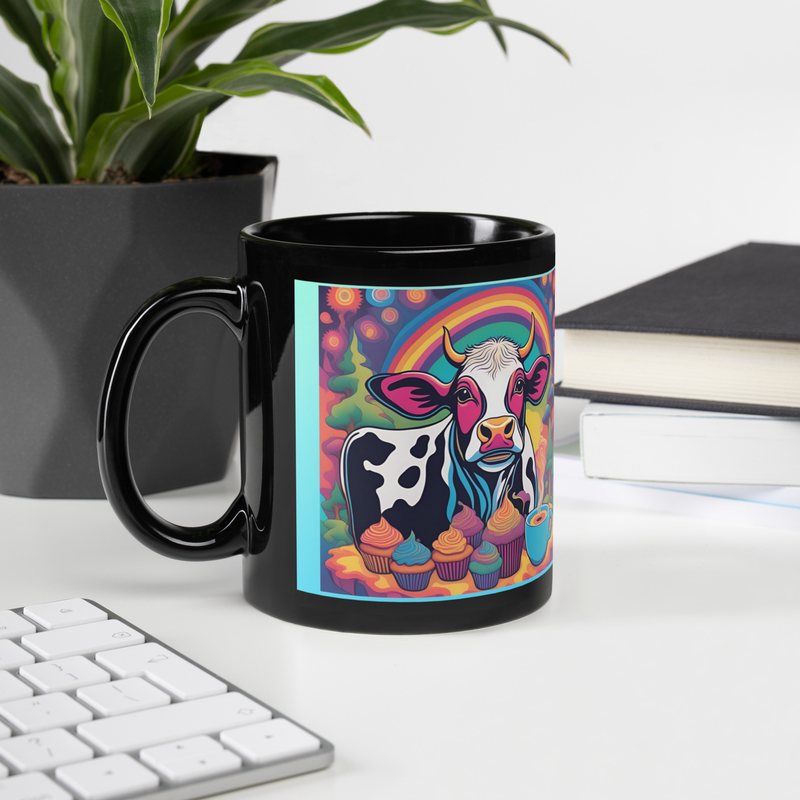 colorful hippie cow rainbow cupcakes Black Glossy Mug