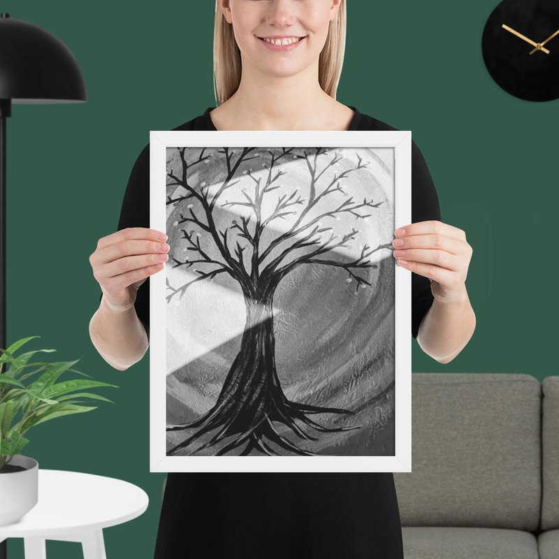 Black and White Tree with roots painting with triangle shadows grey circle background Framed poster