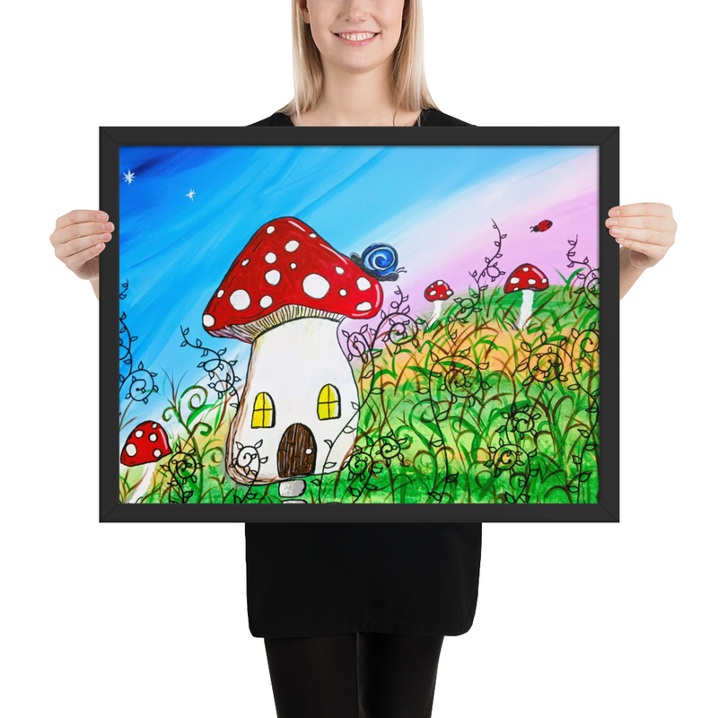 Mushroom House Cottagecore snail ladybug Framed poster