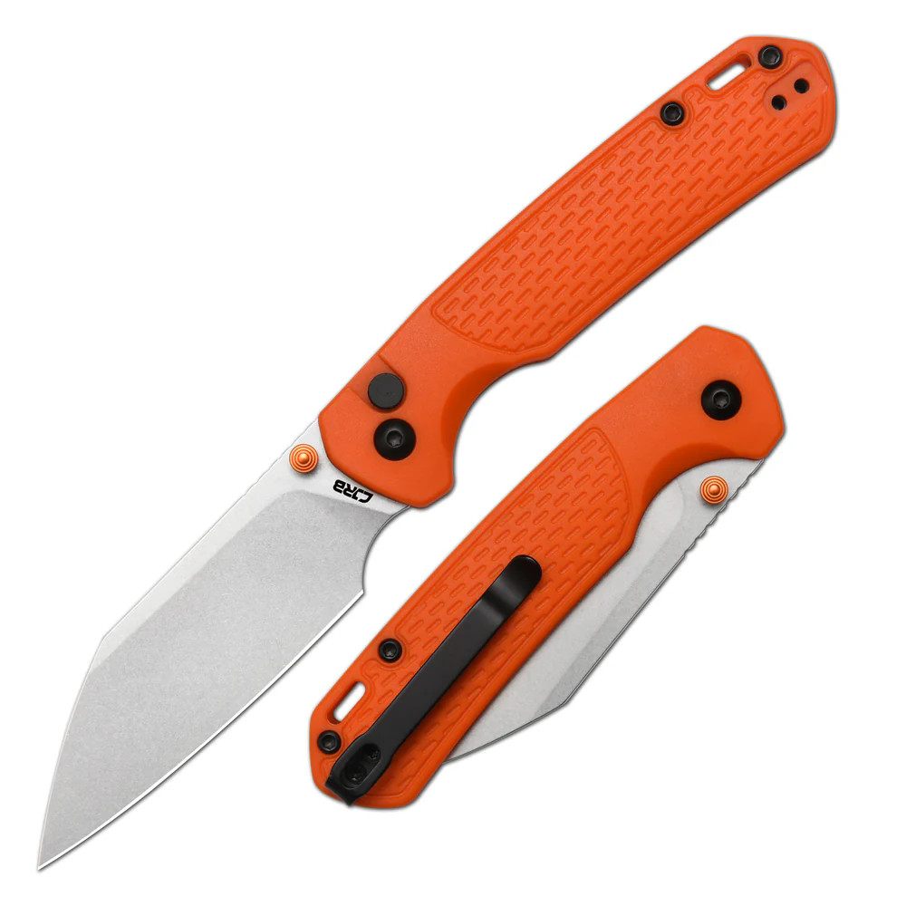 CJRB Pyrite-Light Button Lock Knife Orange FRN