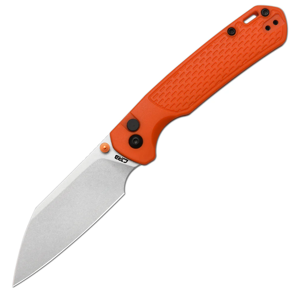 CJRB Pyrite-Light Button Lock Knife Orange FRN