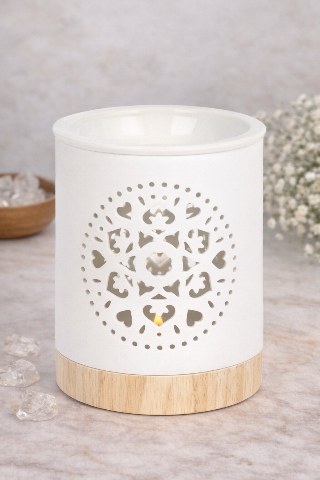 Quemador de wax y aceite con forma de Mandala, color blanco Lunar