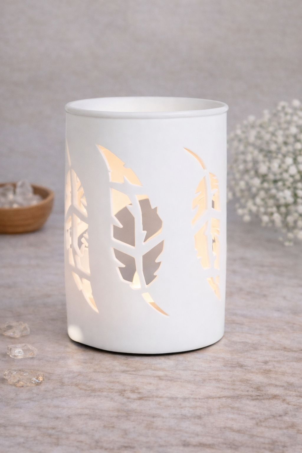 Quemador de wax y aceite con forma de pluma blanca