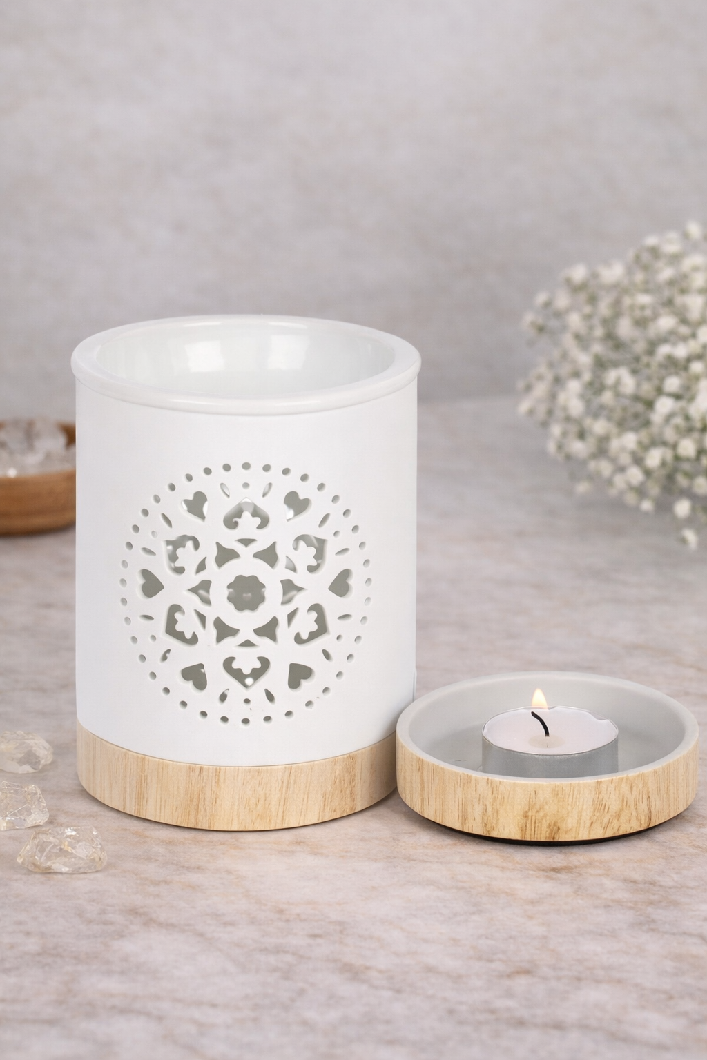 Quemador de wax y aceite con forma de Mandala, color blanco Lunar