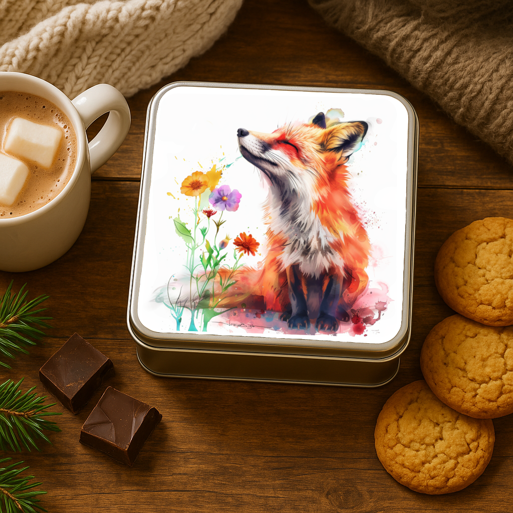 Boîte en métal avec aquarelle renard et fleur