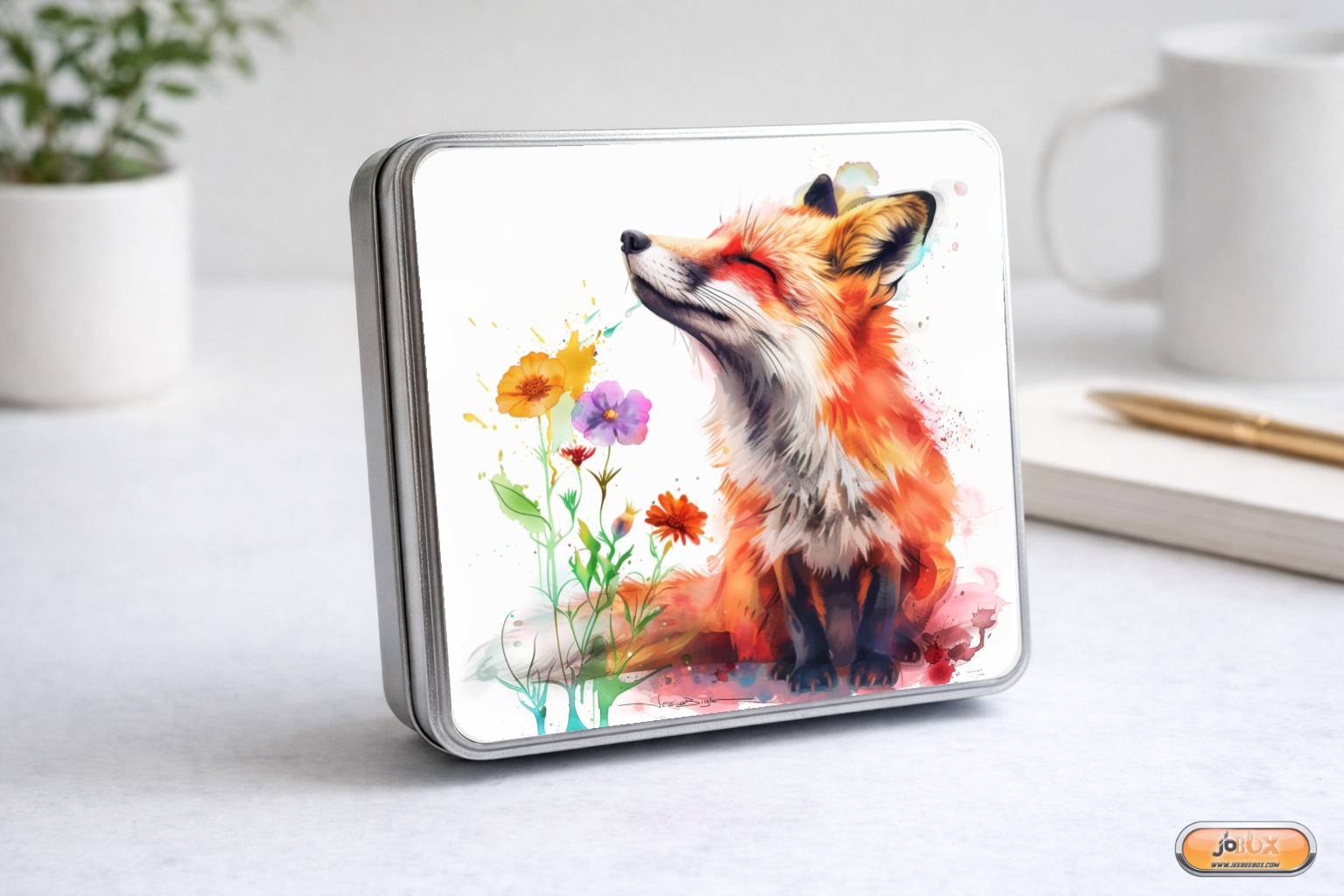 Boîte en métal avec aquarelle renard et fleur