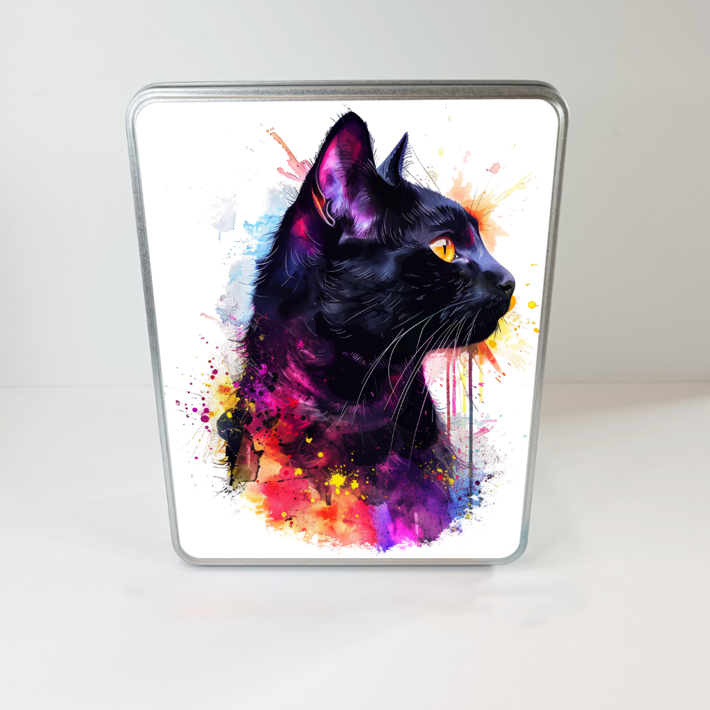 Boîte métallique avec motif chat noir