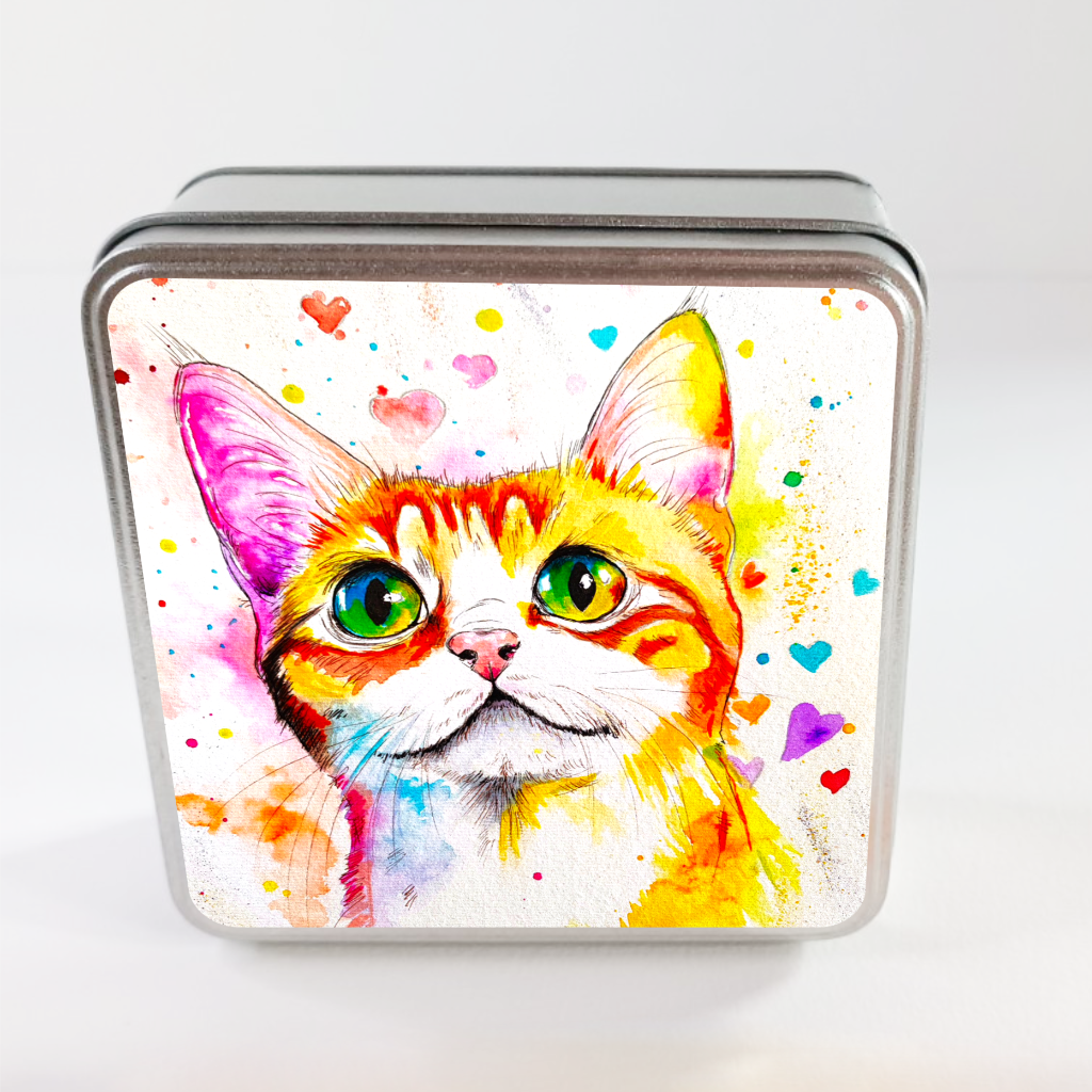 Boîte en métal avec illustration de chat