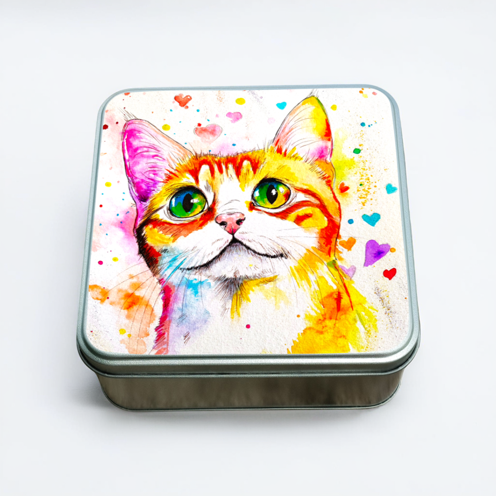 Boîte en métal avec illustration de chat