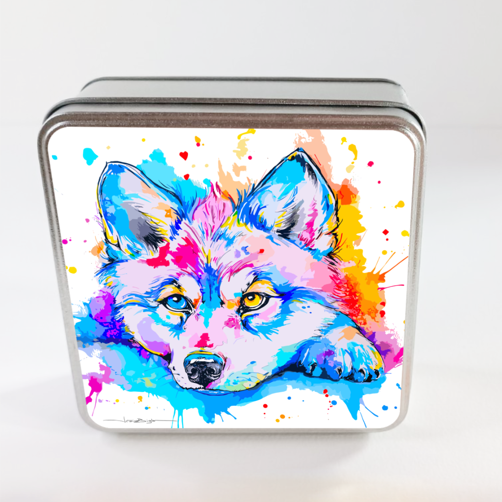 Boîte en métal avec illustration de loup