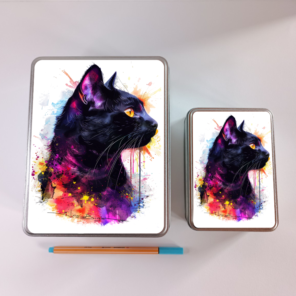 Boîte métallique avec motif chat noir