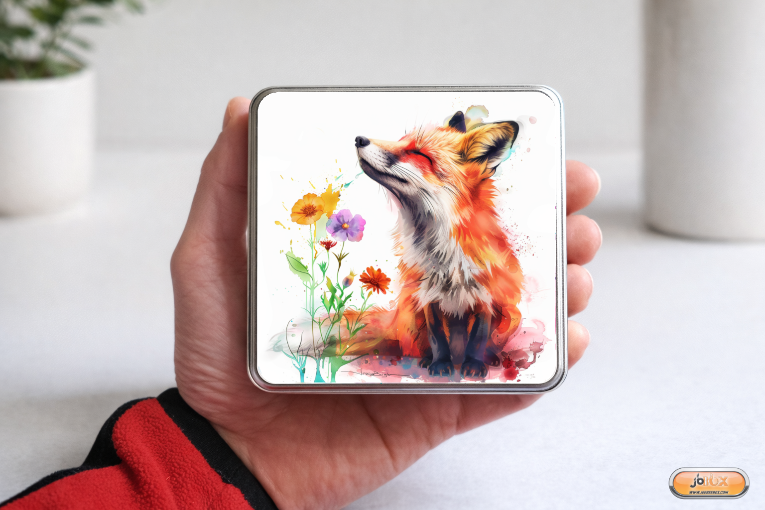 Boîte en métal avec aquarelle renard et fleur