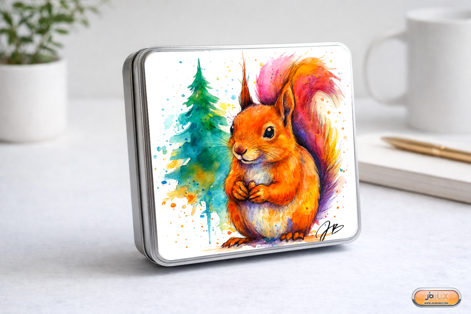 Boîtes métalliques avec écureuil en aquarelle
