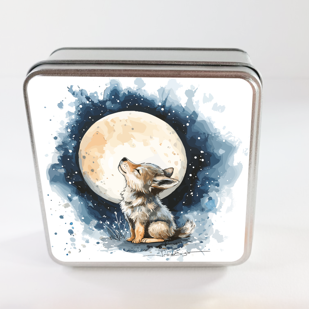 Boîte en métal petit loup avec lune