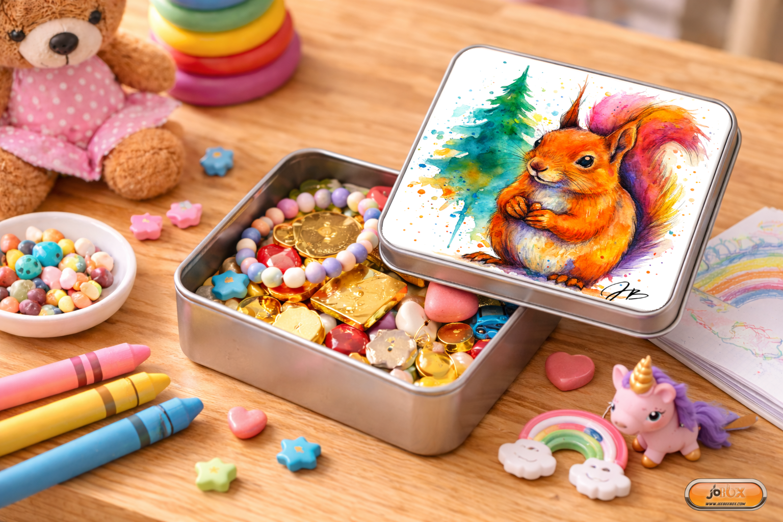 Boîtes métalliques avec écureuil en aquarelle