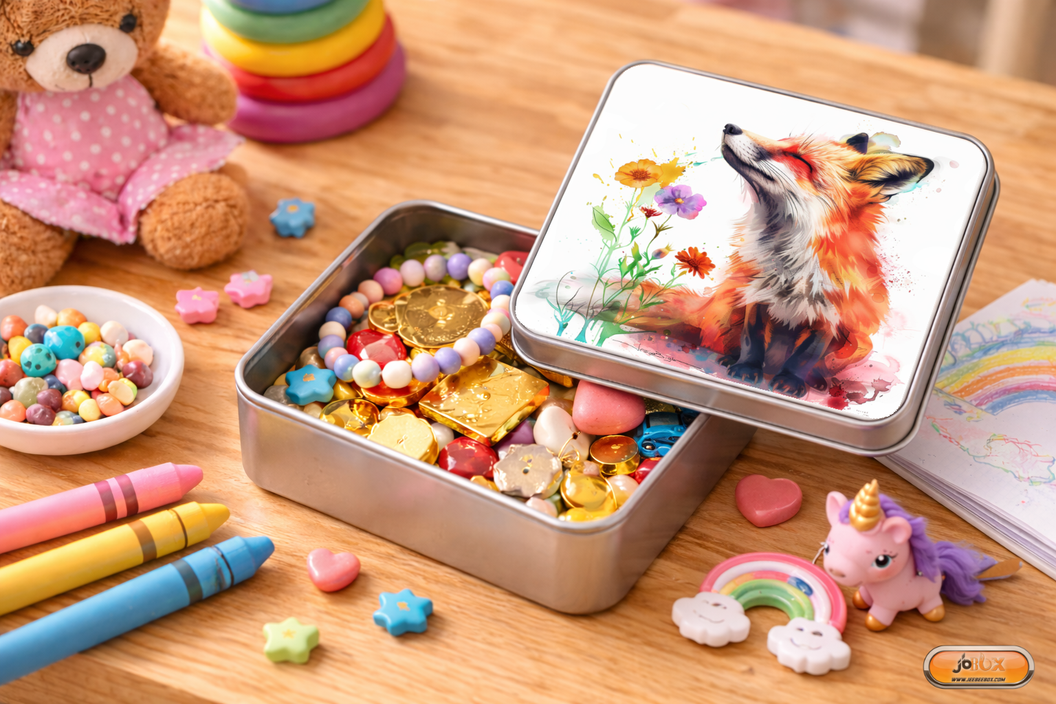 Boîte en métal avec aquarelle renard et fleur