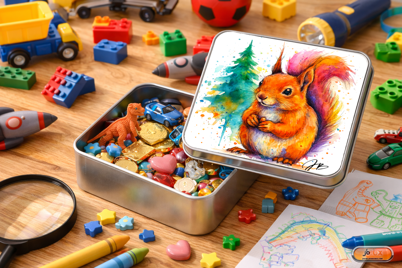 Boîtes métalliques avec écureuil en aquarelle