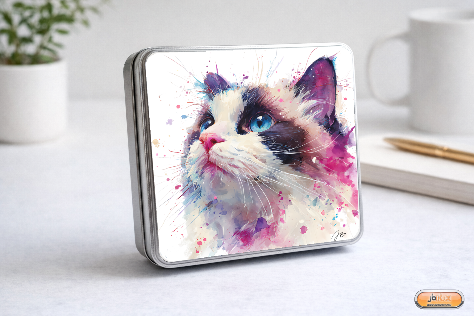 Boîte en métal avec illustration de chat