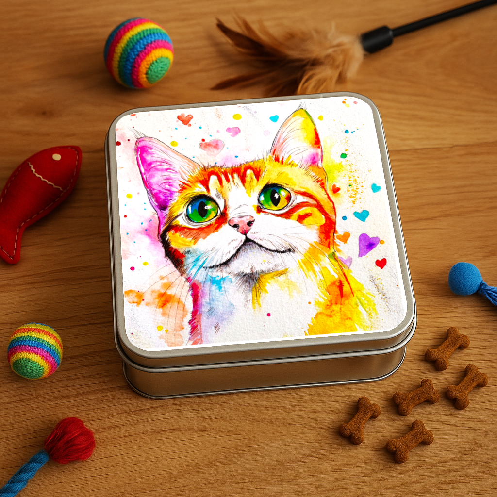 Boîte en métal avec illustration de chat