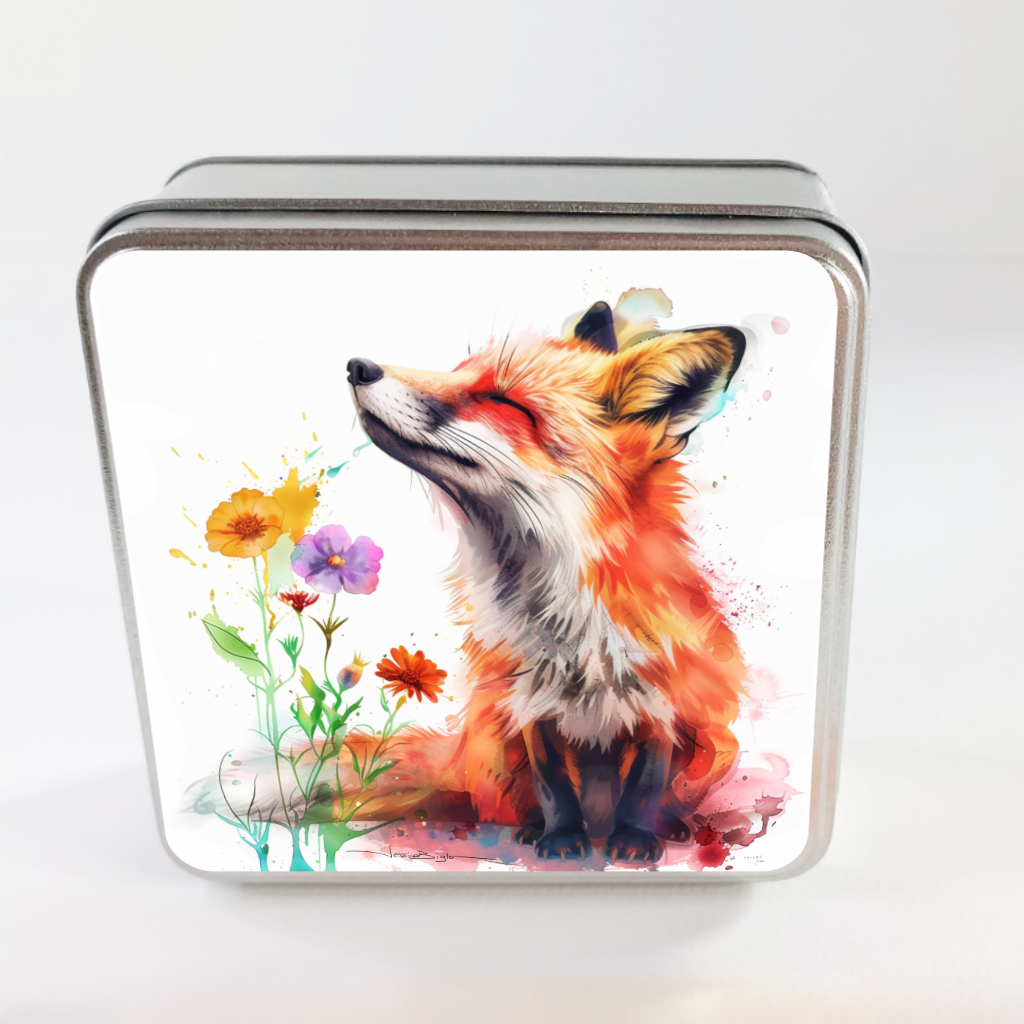Boîte en métal avec aquarelle renard et fleur