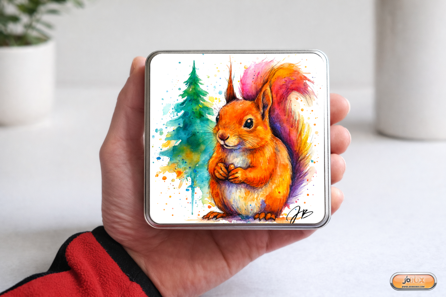 Boîtes métalliques avec écureuil en aquarelle