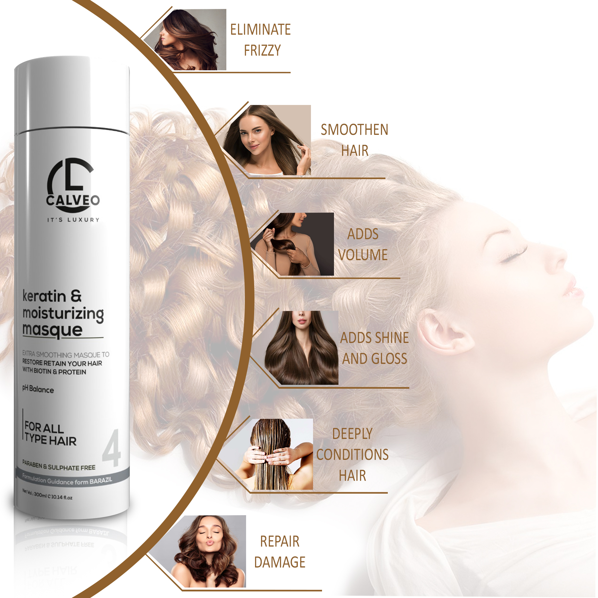CALVEO Keratin & Moisturizing Masque for Damaged Dull Dry | Anti Frizz Conditioner| Straight, Shiny Strong Salon Like Finish | For All Types 300ml