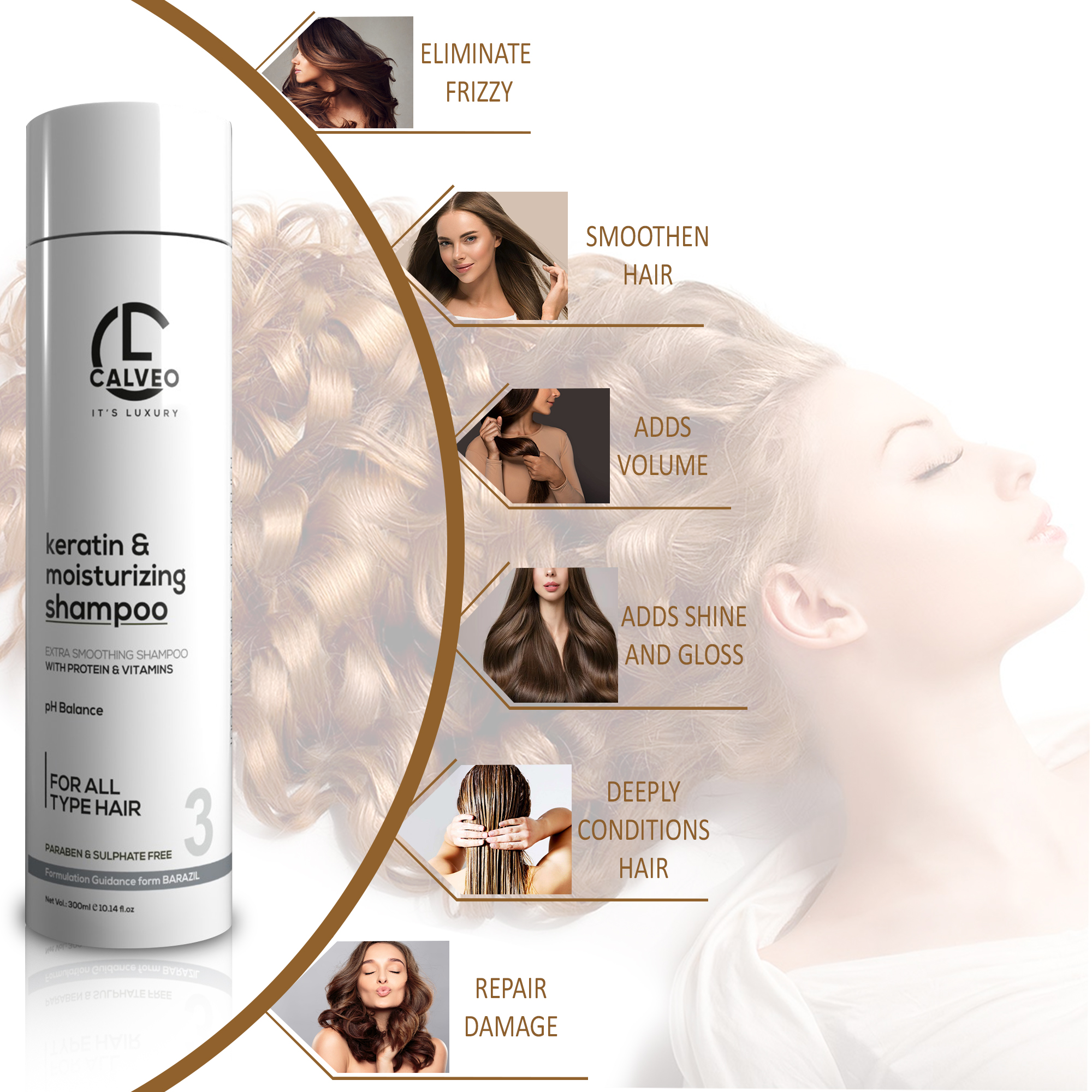 CALVEO Keratin & Hair Moisturizing Shampoo | Smooth, Silky, Frizz-Free, Hydrating Formula | Daily Hair Care for Strong, Shiny & Healthy Hair | Salon Quality Cleanser