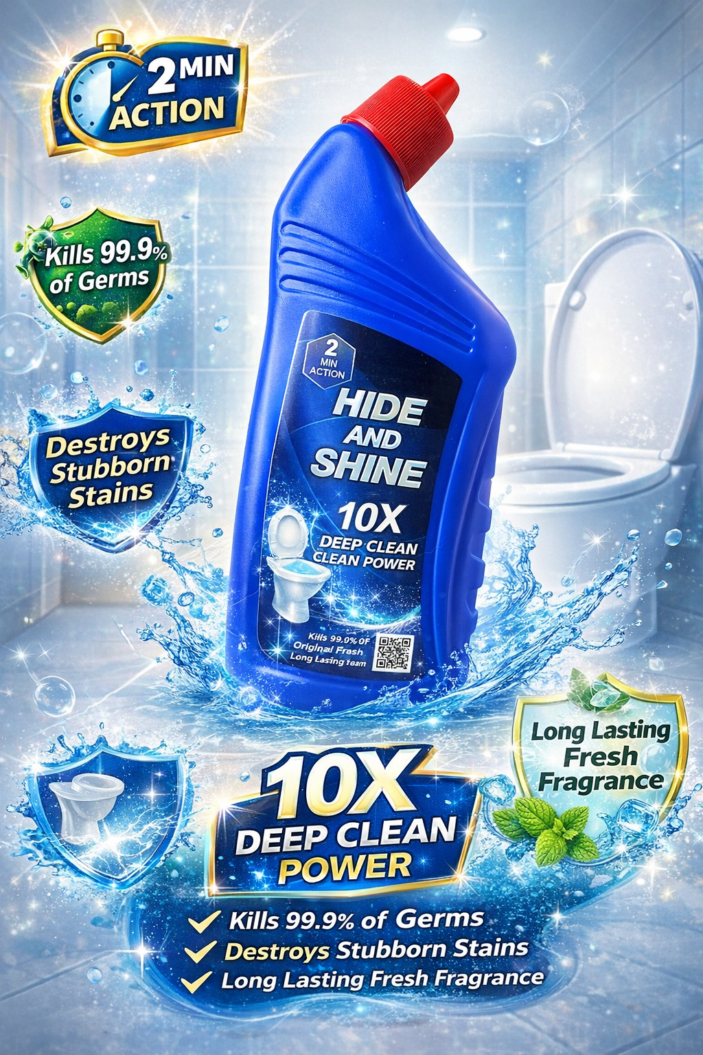 Hide & Shine Ultra Power 10X Toilet Cleaner That Kills 99.9% Germs and Destroys Tough Stains || Toilet Cleaner for Ultimate Shine, Hygiene & Freshness (500ml)