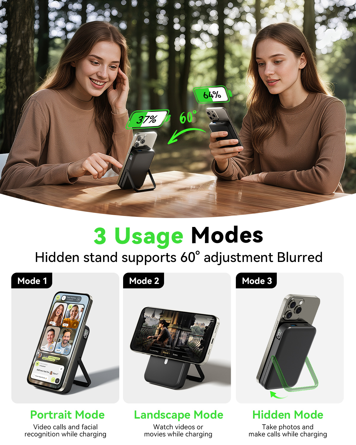 LENUTO for Magsafe Battery Pack 10000mAh Power Bank with Foldable Stand Portable Charger,PD 22.5W Fast Charge,Travel Essential Wireless Charger for iPhone 16/15/14/13/12 Series–Black