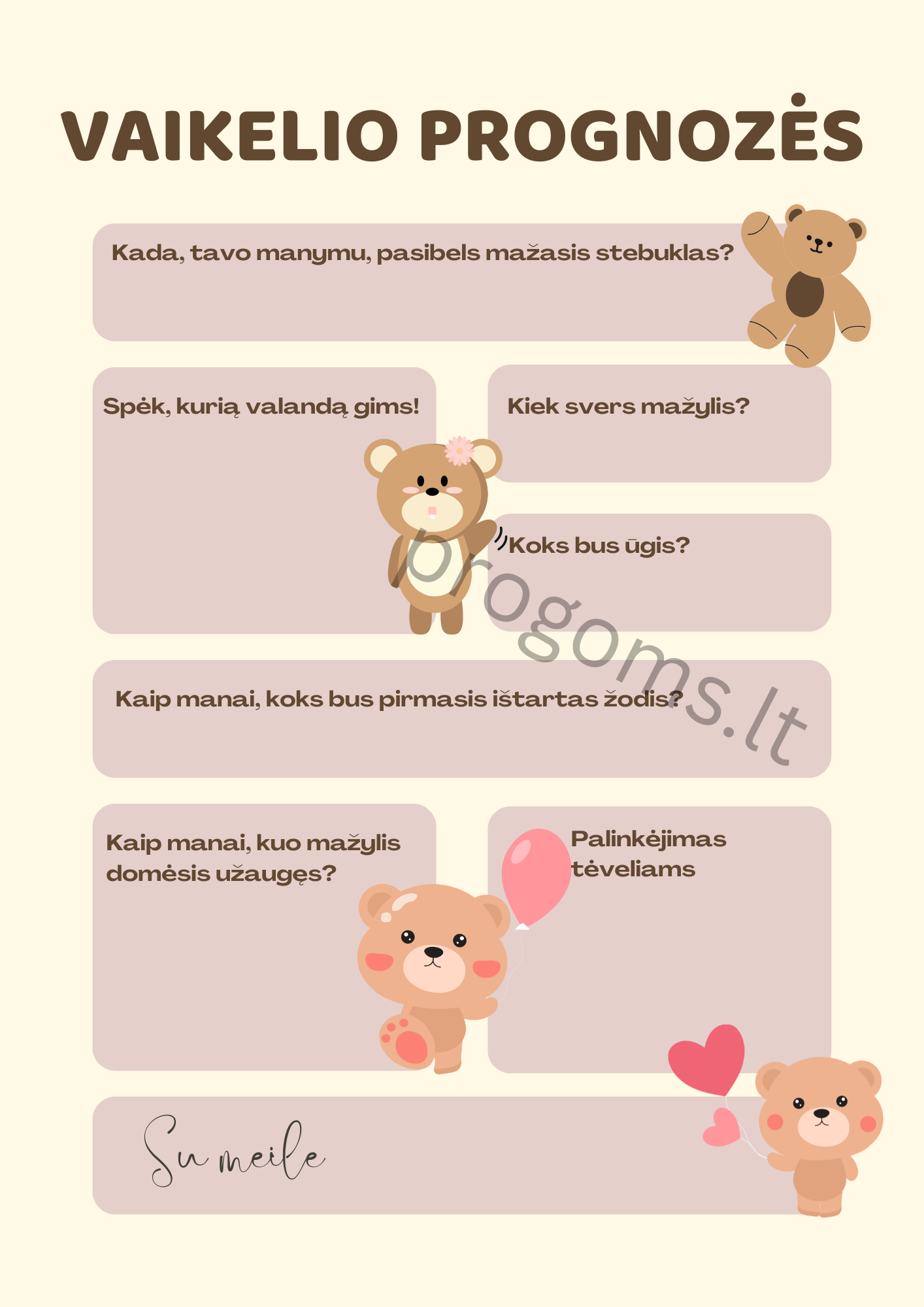 Žaidimas Vaikelio prognozės. Meškiukai su rausvu fonu (10 vnt.)