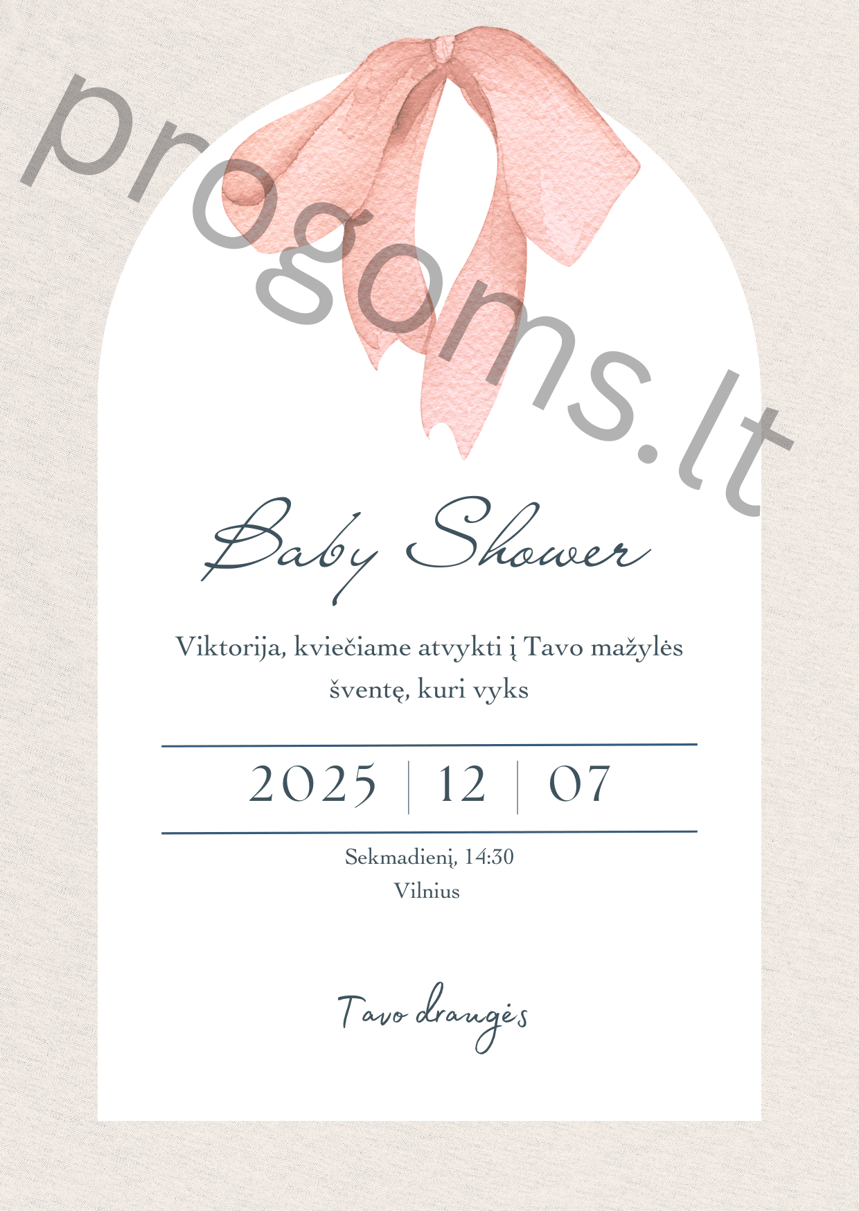 Kvietimas Baby Shower "Rausvas kaspinas"