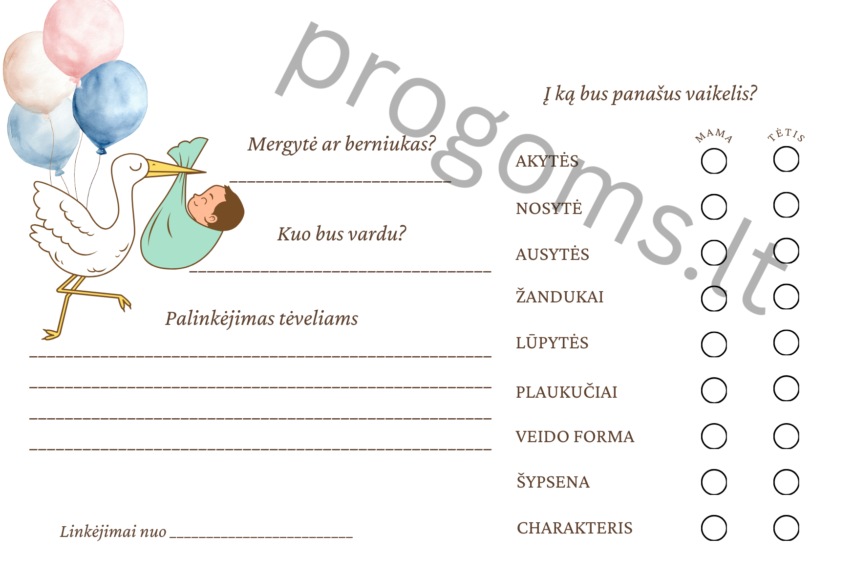Kūrybinė veikla su mažylio prognozėmis „Gandriukas“ (10 vnt.) kortelių žaidimas baby shower (10 × 15 cm)