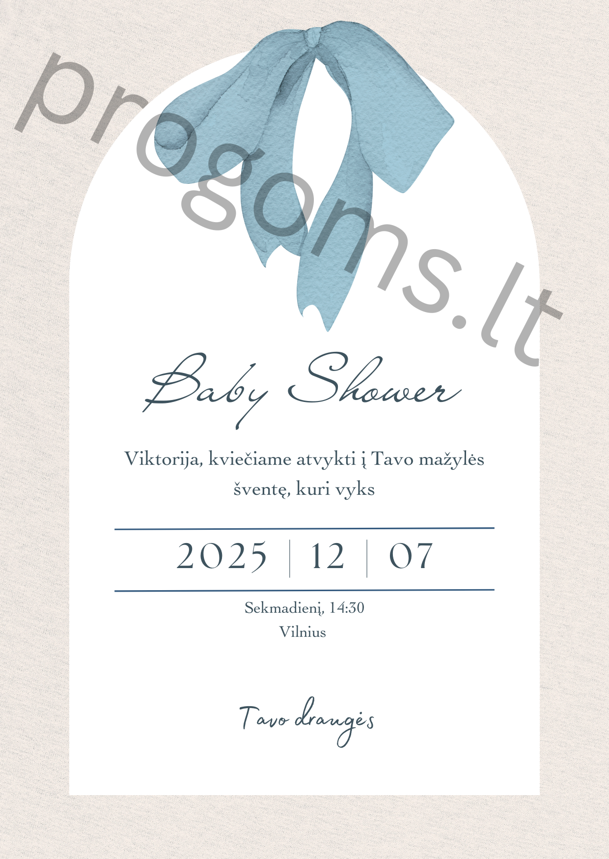 Kvietimas Baby Shower "Melsvas kaspinas"