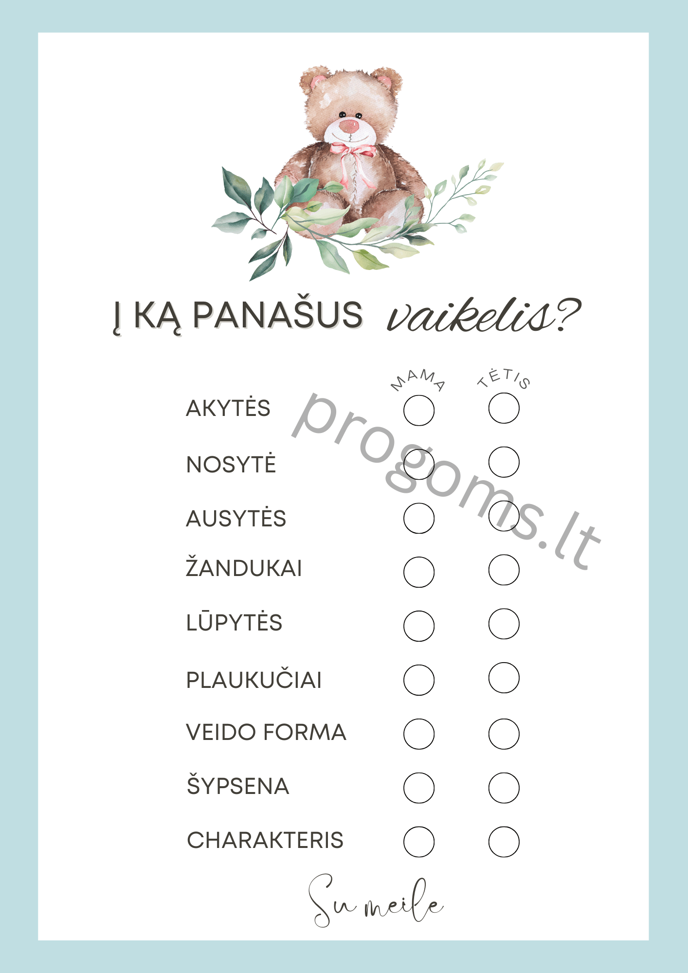 Žaidimas Į ką panašus vaikelis? Melsvos kortelės (10 vnt.) (14,2 × 20,3 cm)