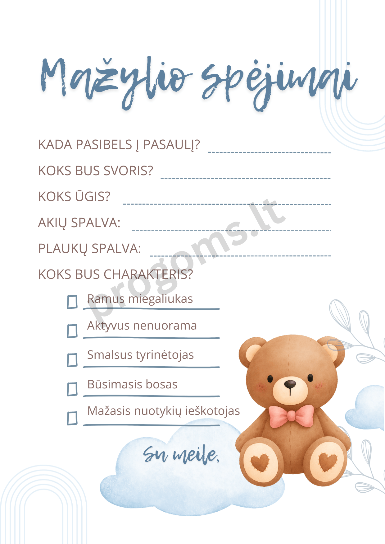Kūrybinė veikla su mažylio prognozėmis  „Mažylio spėjimai. Meškiukas“ (10 vnt.) kortelių žaidimas baby shower (10 × 14 cm)