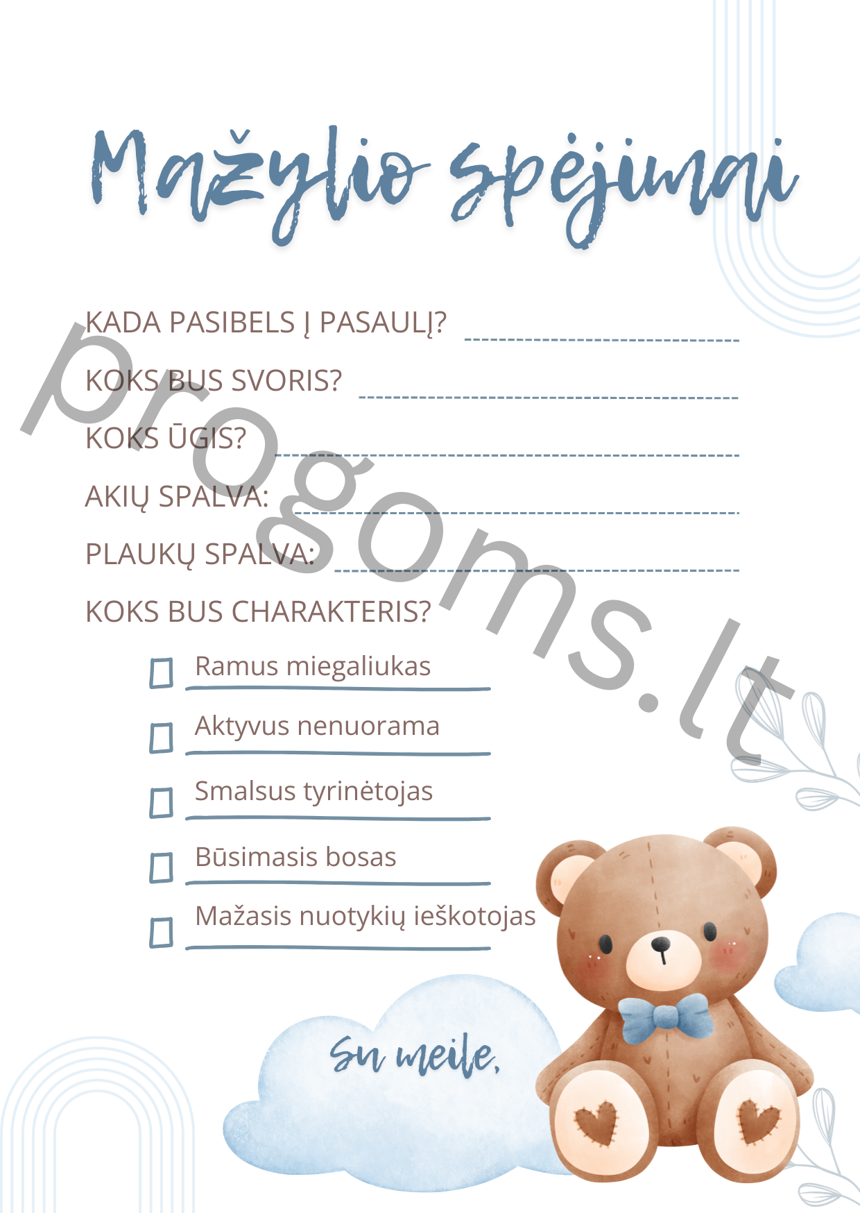 Kūrybinė veikla su mažylio prognozėmis  „Mažylio spėjimai. Meškiukas“ (10 vnt.) kortelių žaidimas baby shower (10 × 14 cm)