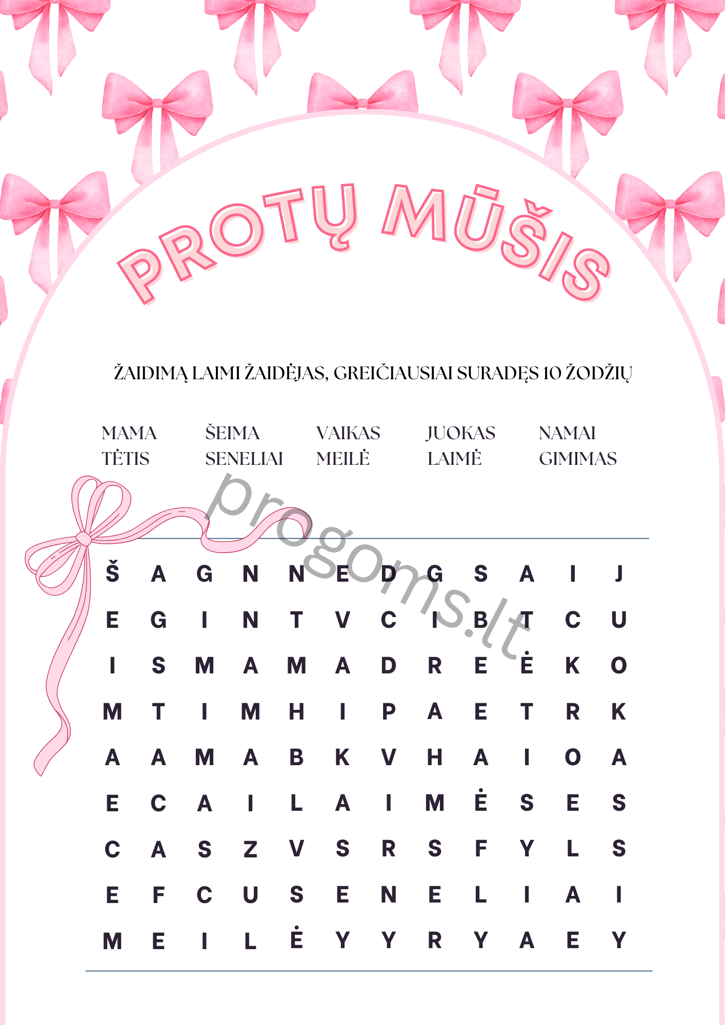 Žaidimas protų mūšis. Rausvi kaspinai (10 vnt.) (kortelės 14,3 × 20,2 cm, vienpusė spauda)