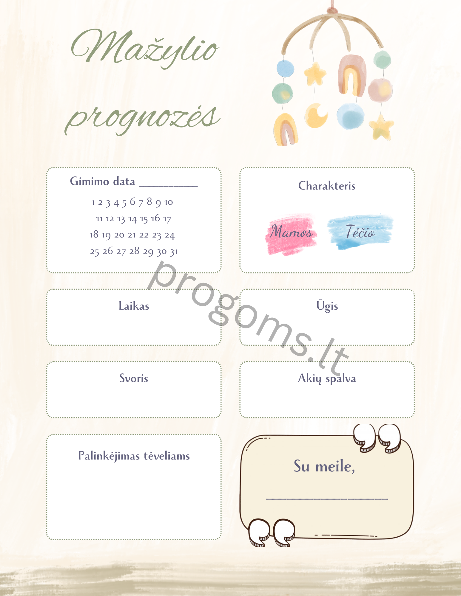 Žaidimas Mažylio prognozės. Su palinkėjimo vieta (10 vnt.)