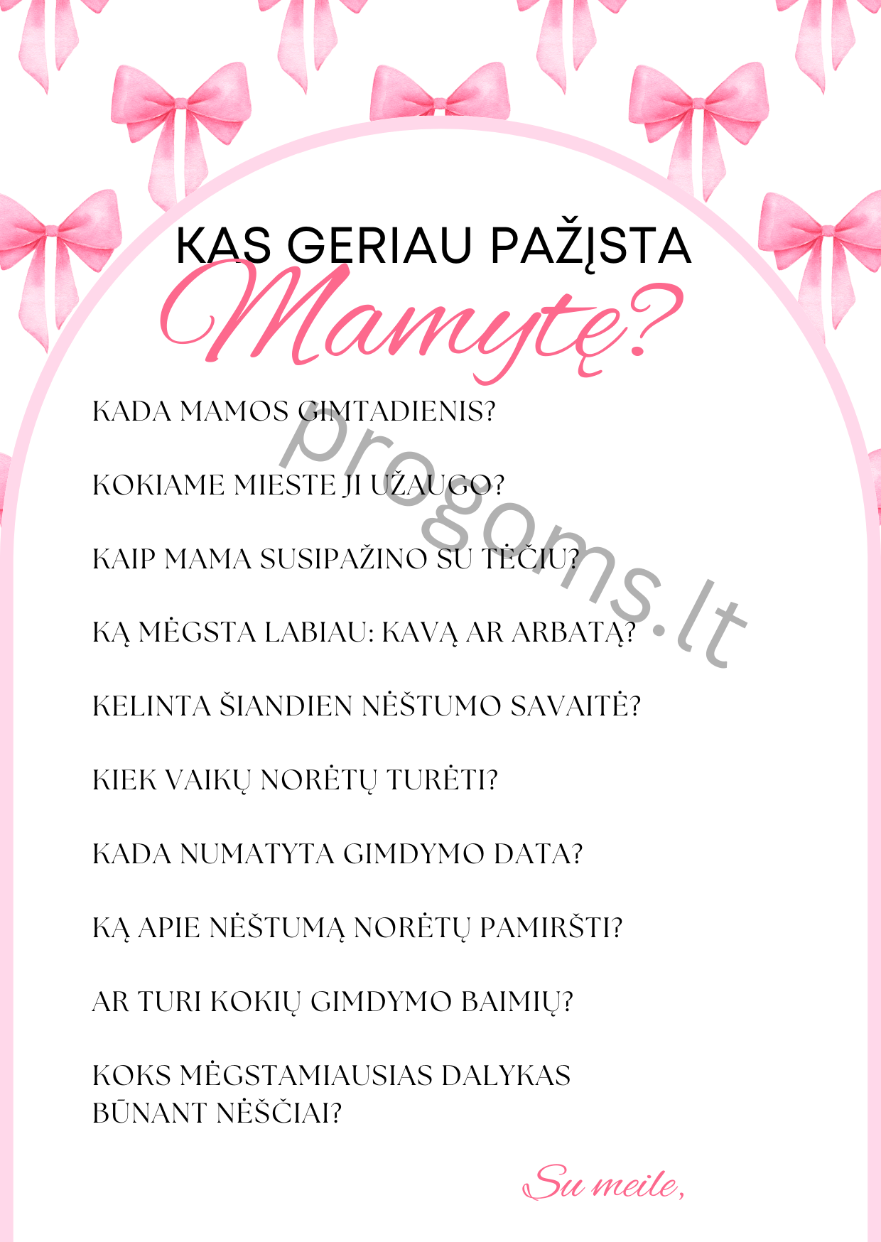 „Kas geriau pažįsta Mamytę?“ – žaidimų komplektas baby shower vakarėliui (kortelės 14,3 × 20,2 cm) Rausvas 10 vnt.