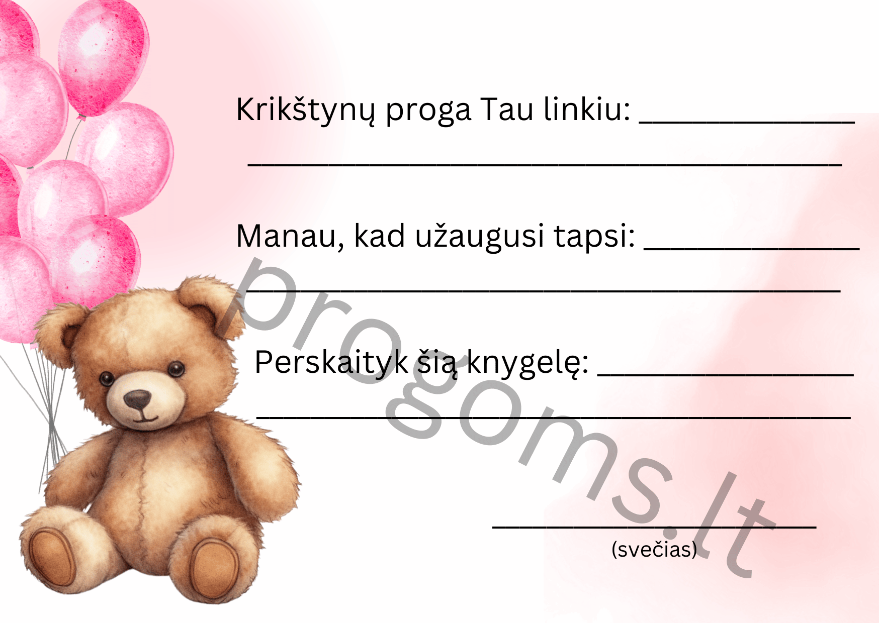 Krikštynų palinkėjimų kortelės mergaitei su meškiuku (20 vnt.) unikali prisiminimų kortelė (10 × 14,1 cm)