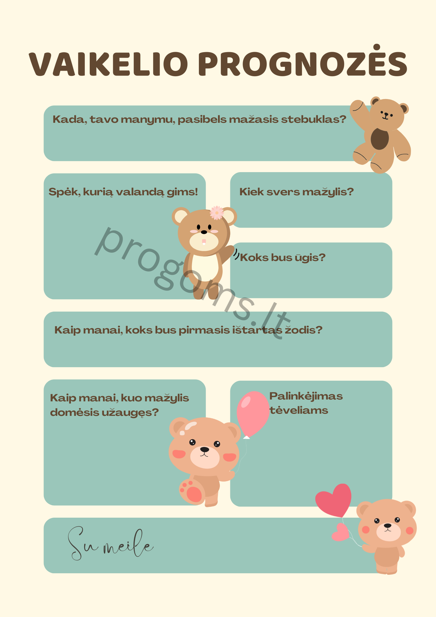 Žaidimas Vaikelio prognozės. Meškiukai (10 vnt.)
