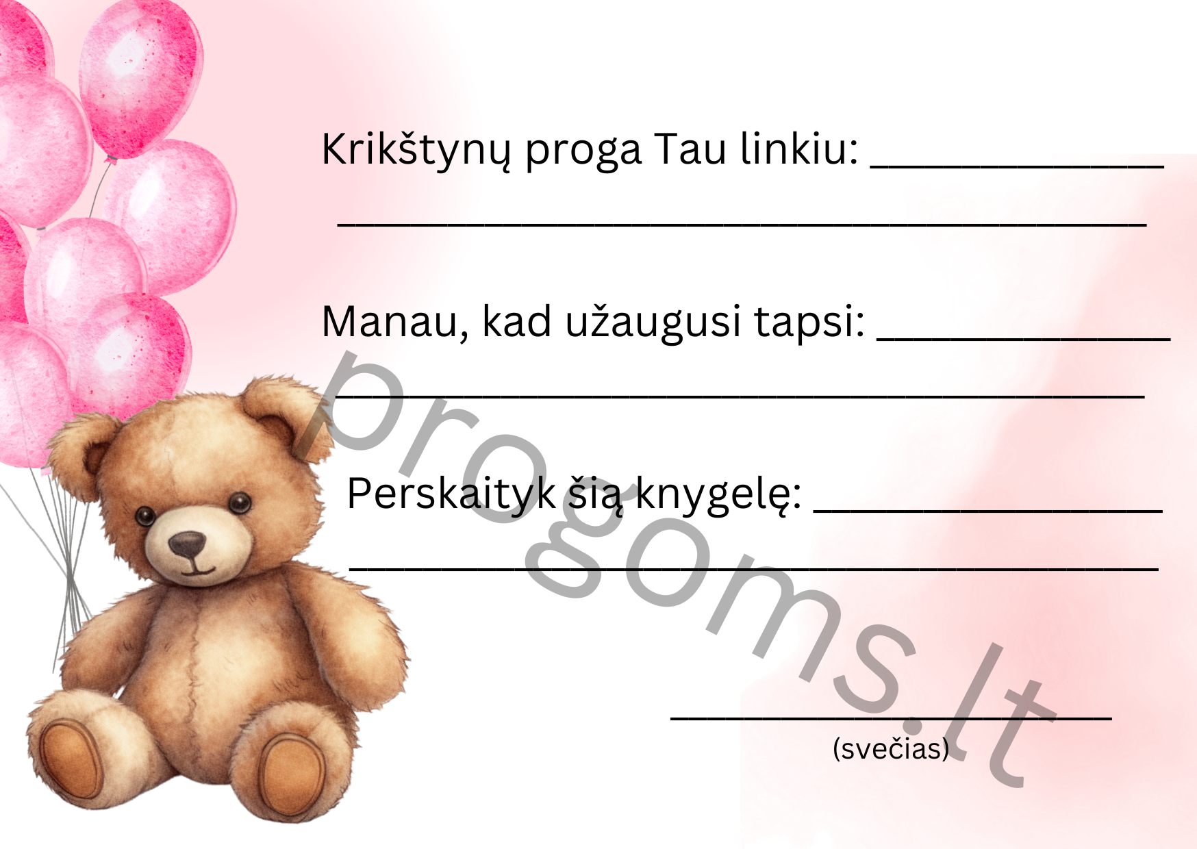 Krikštynų palinkėjimų kortelės mergaitei su meškiuku (20 vnt.)